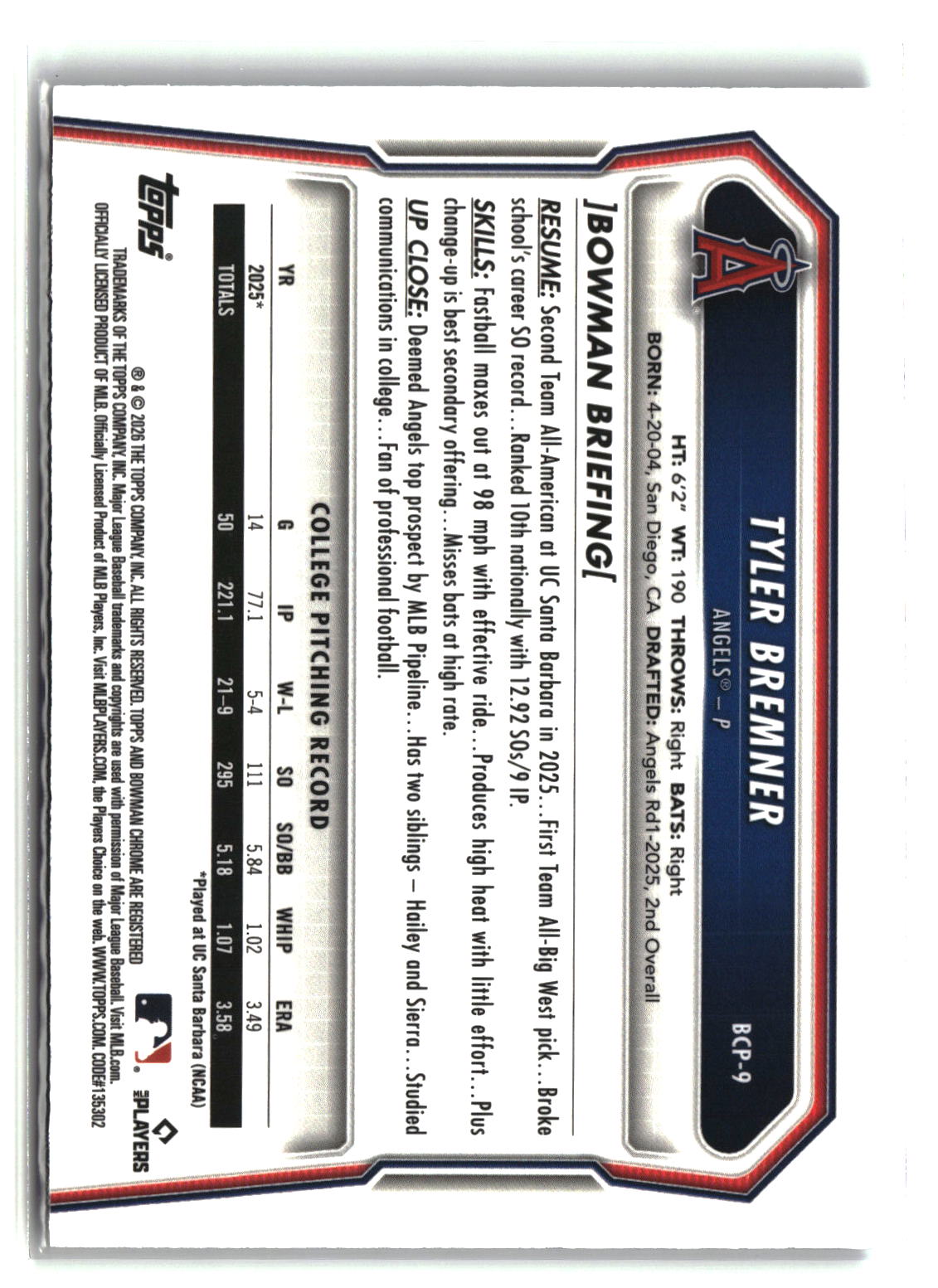 Tyler Bremner 2026 Bowman Chrome Prospects Reptilian Blue Refractor #BCP-9