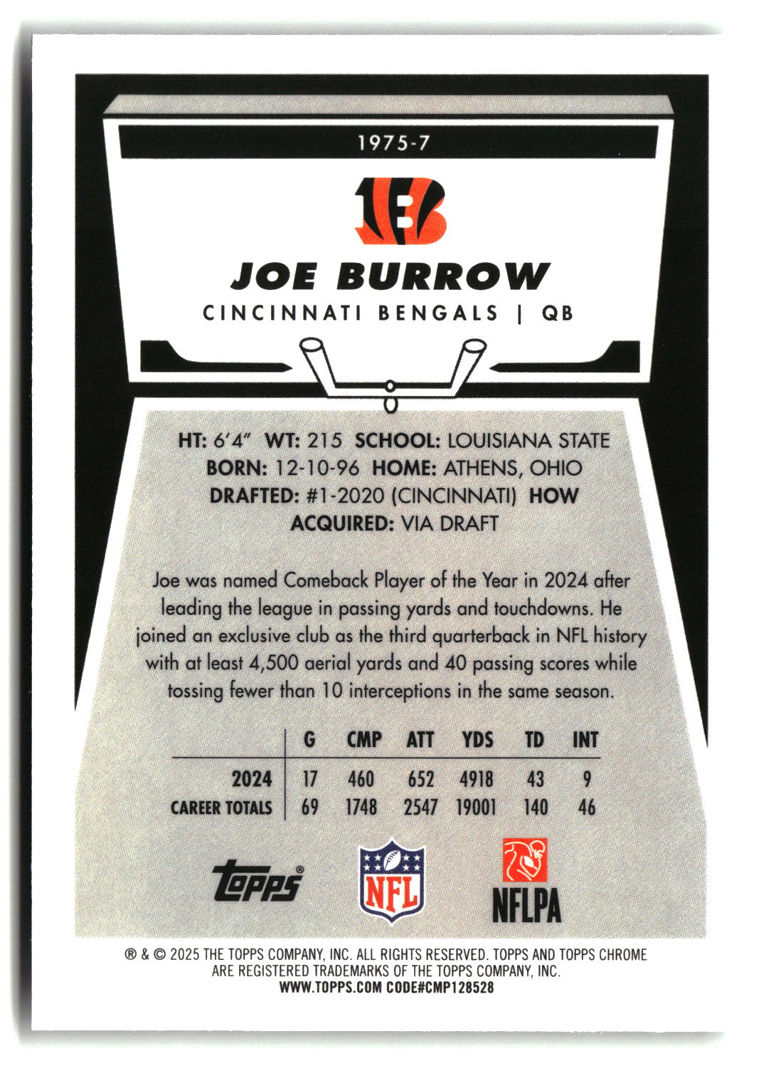 Joe Burrow 2025 Topps Chrome 1975 Topps #1975-7