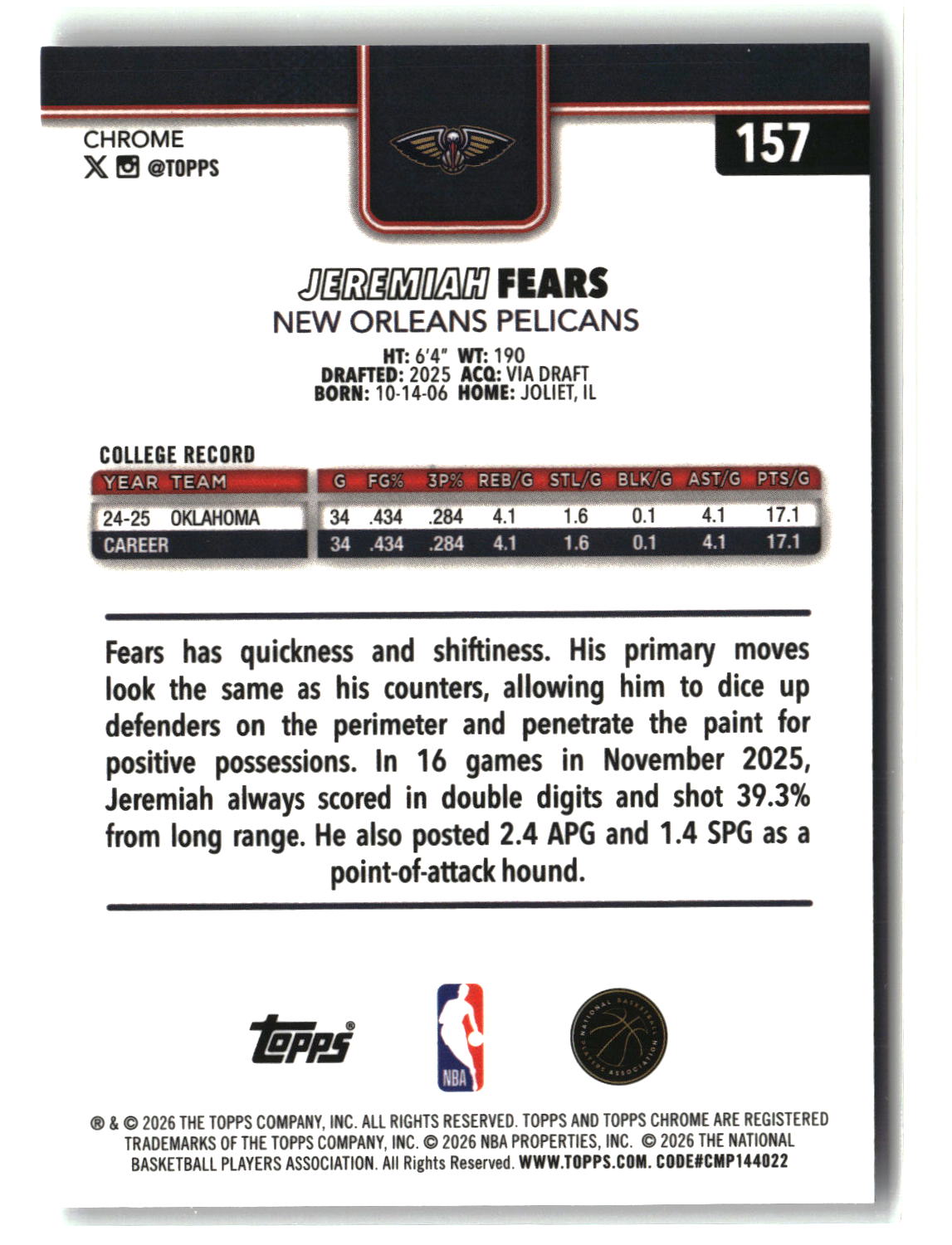 Jeremiah Fears 2025-26 Topps Chrome Update #157