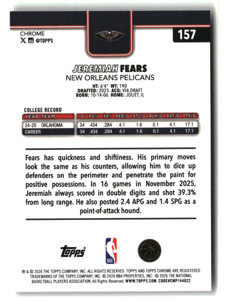 Jeremiah Fears 2025-26 Topps Chrome Update #157