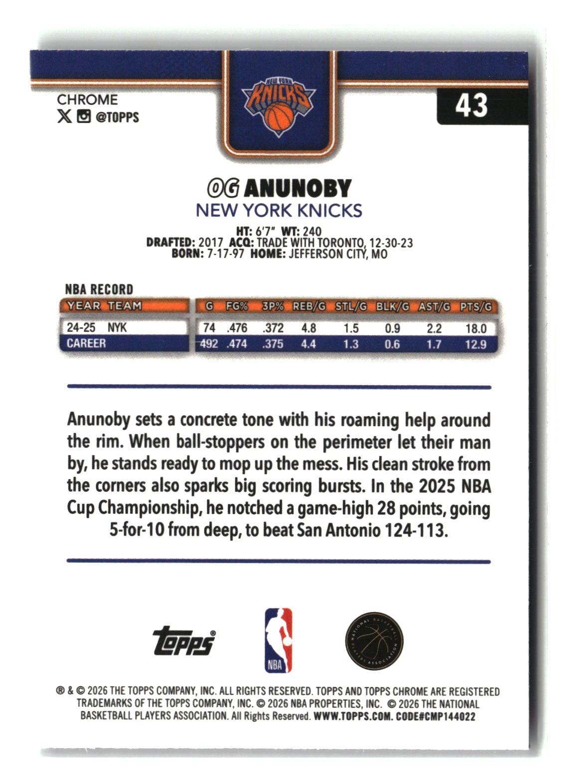 OG Anunoby 2025-26 Topps Chrome Update Wave Refractor #43