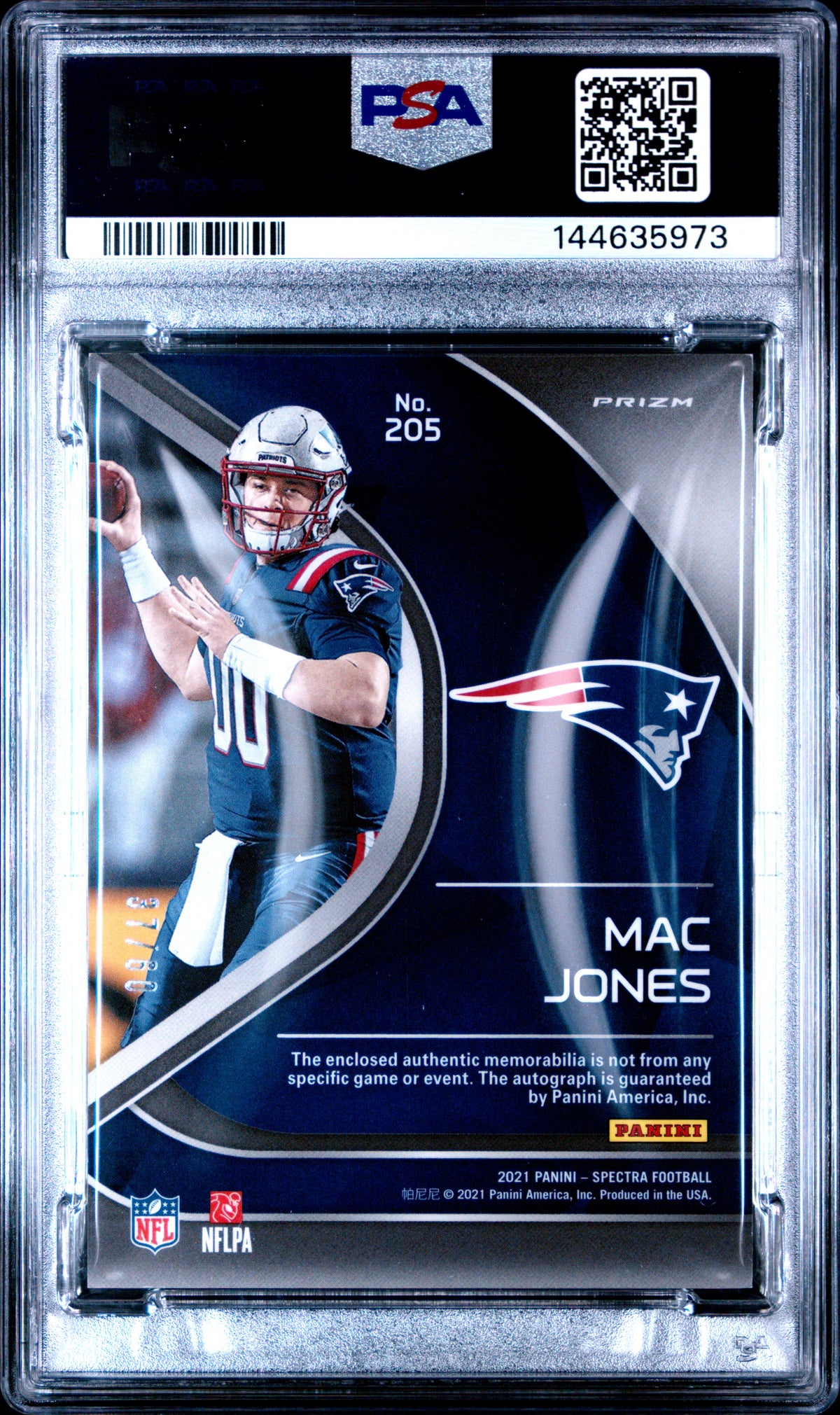 Mac Jones 2021 Panini Spectra Rookie Patch Autographs Hyper #205 #/60 PSA 9