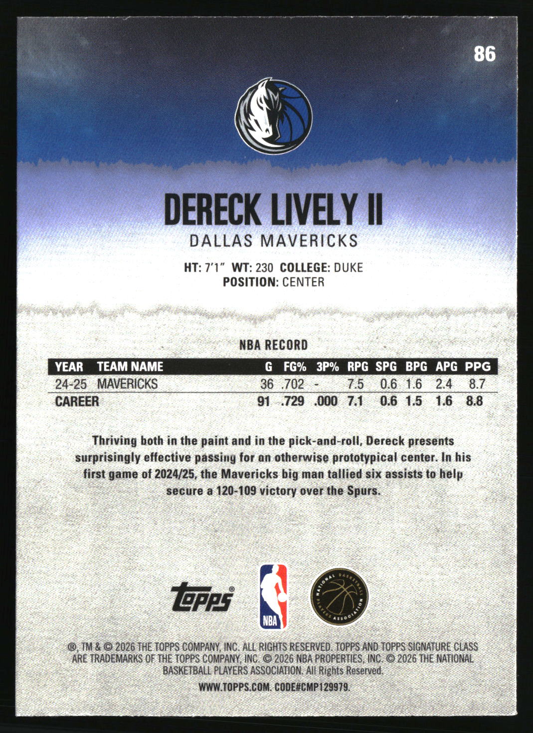 Dereck Lively II 2025-26 Topps Signature Class #86
