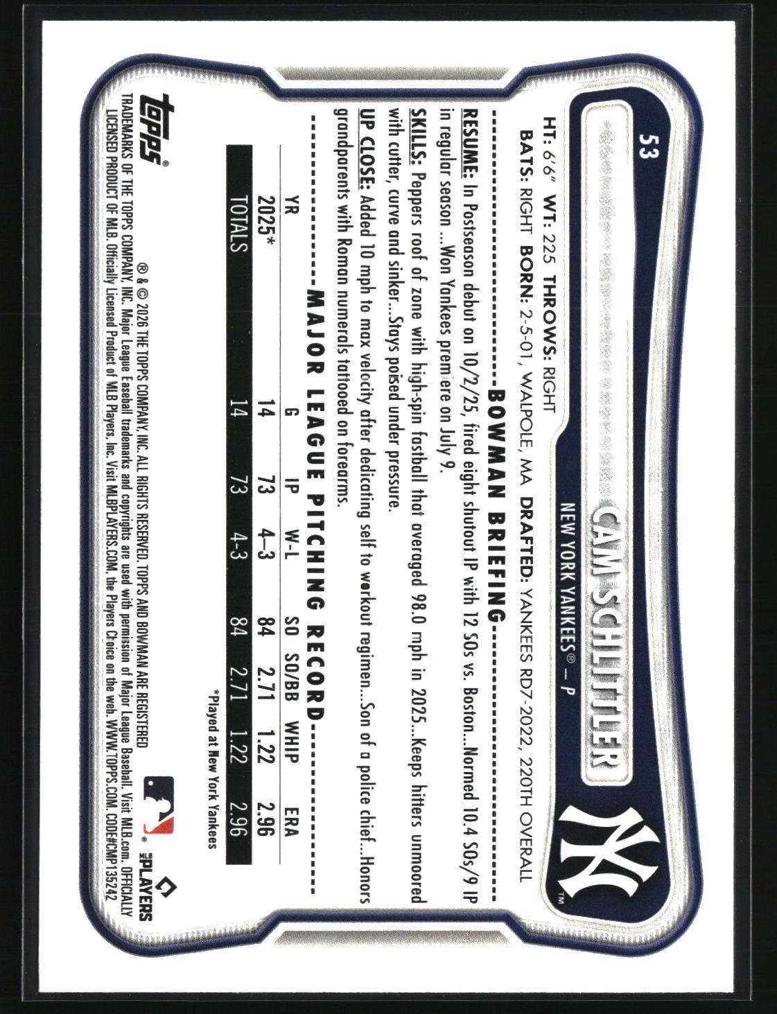 Cam Schlittler 2026 Bowman #53
