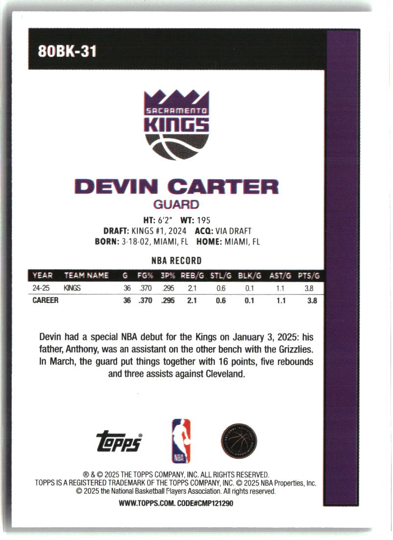 Devin Carter 2025-26 Topps 1980-81 Topps Basketball #80BK-31