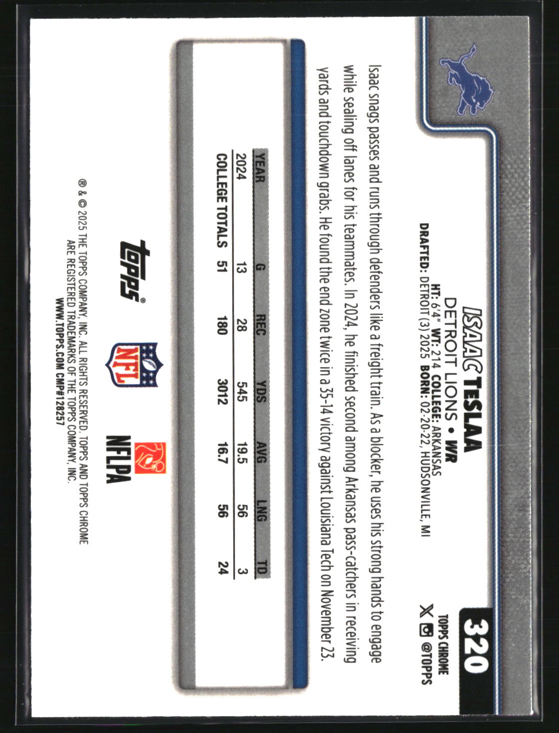 Isaac TeSlaa 2025 Topps Chrome Football #320