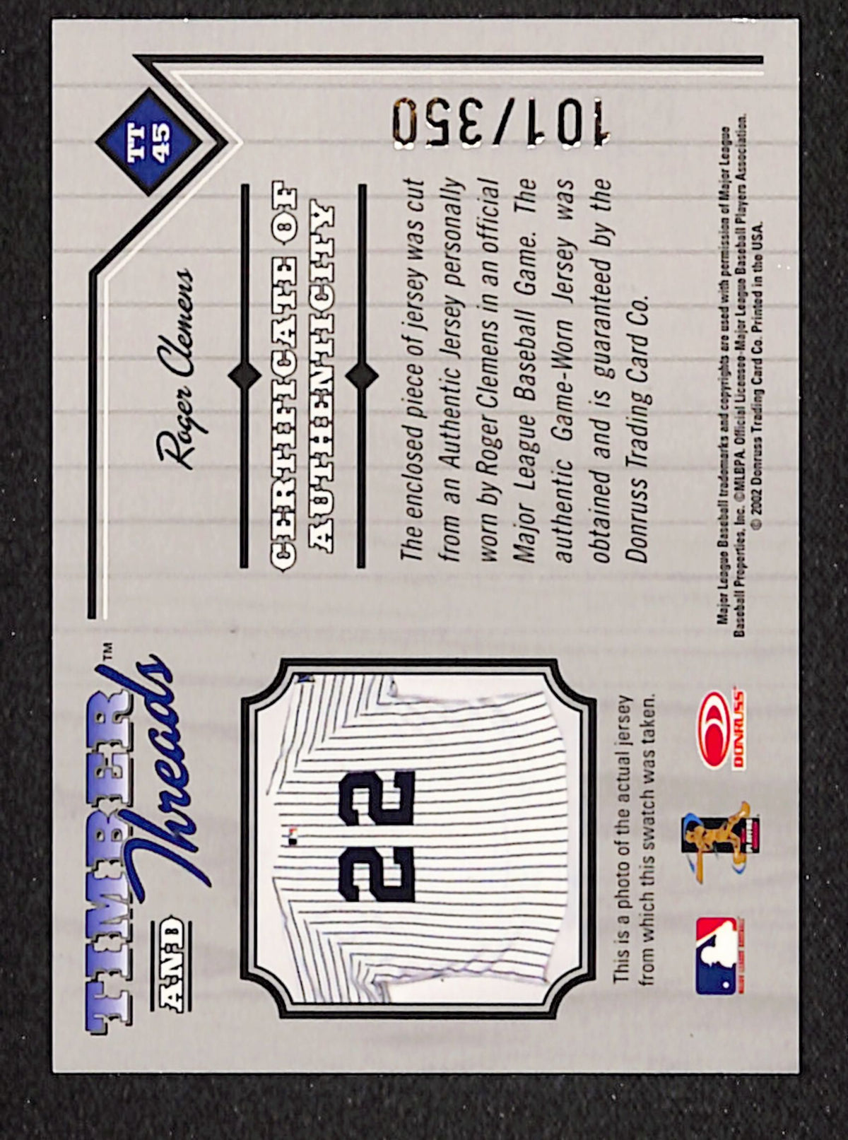 Roger Clemens 2003 Donruss Timber and Threads #TT-45 #/350