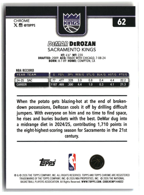 DeMar DeRozan 2025-26 Topps Chrome Update Red White and Blue Refractor #62