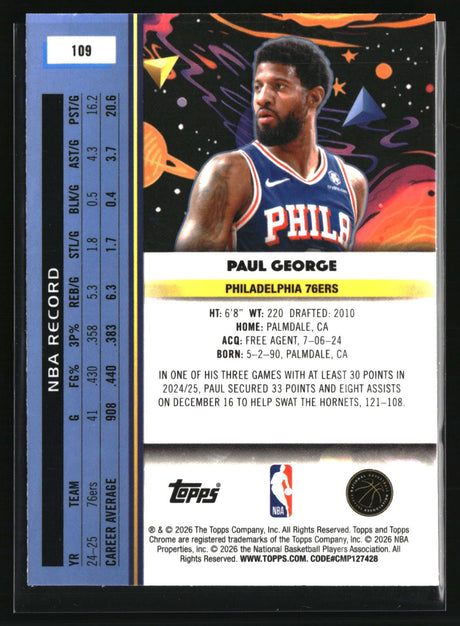 Paul George 2025-26 Topps Chrome Cosmic Aqua Equinox Refractor #109 #/199