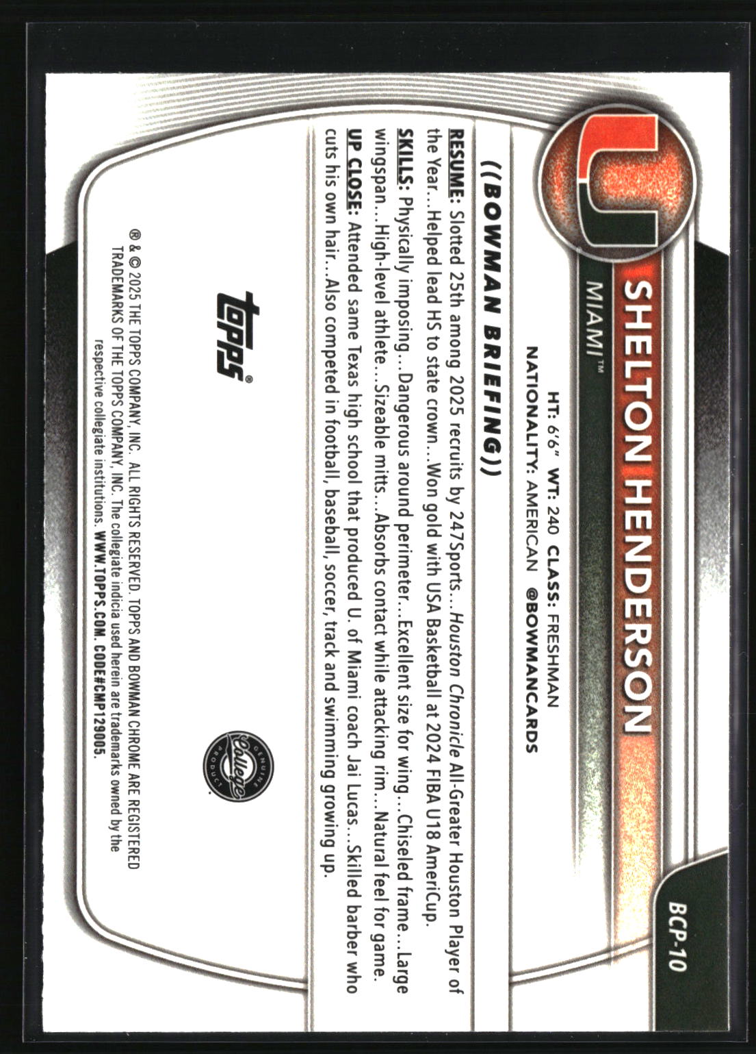 Shelton Henderson 2025-26 Bowman Chrome Prospects Reptilian Refractor #BCP-10