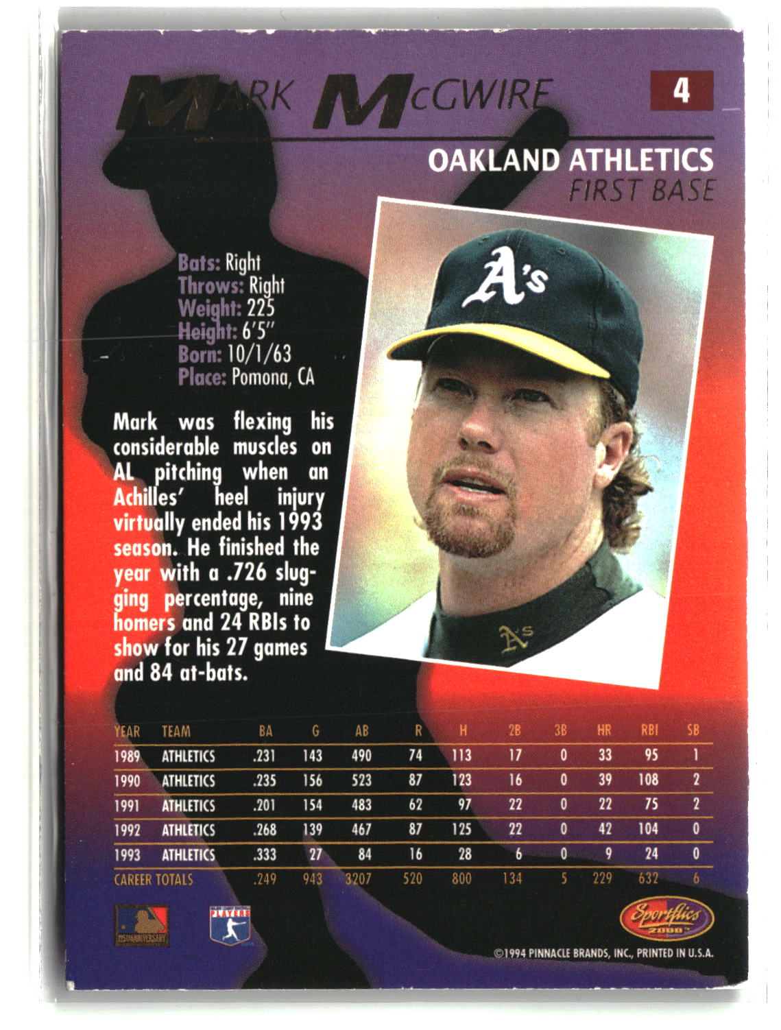 Mark McGwire 1994 Sportflics 2000 #4