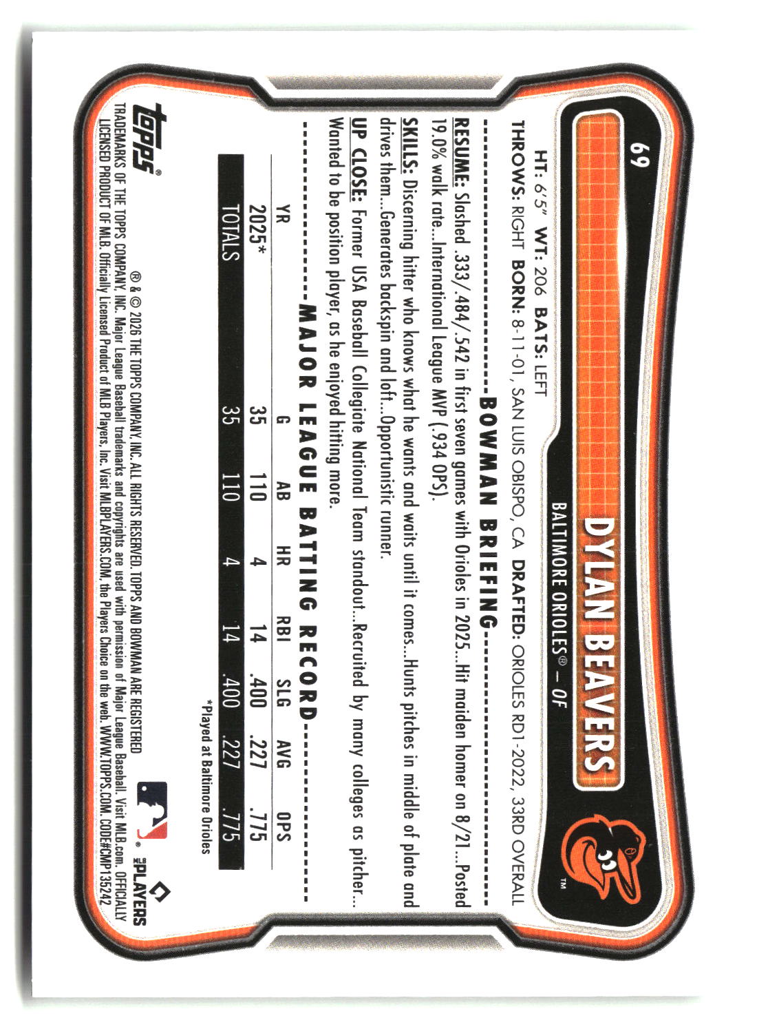 Dylan Beavers 2026 Bowman #69