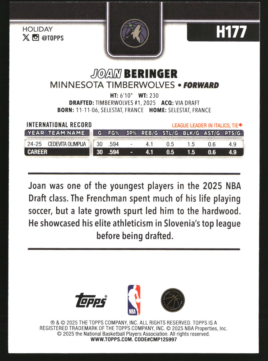 Joan Beringer 2025-26 Topps Holiday #H177