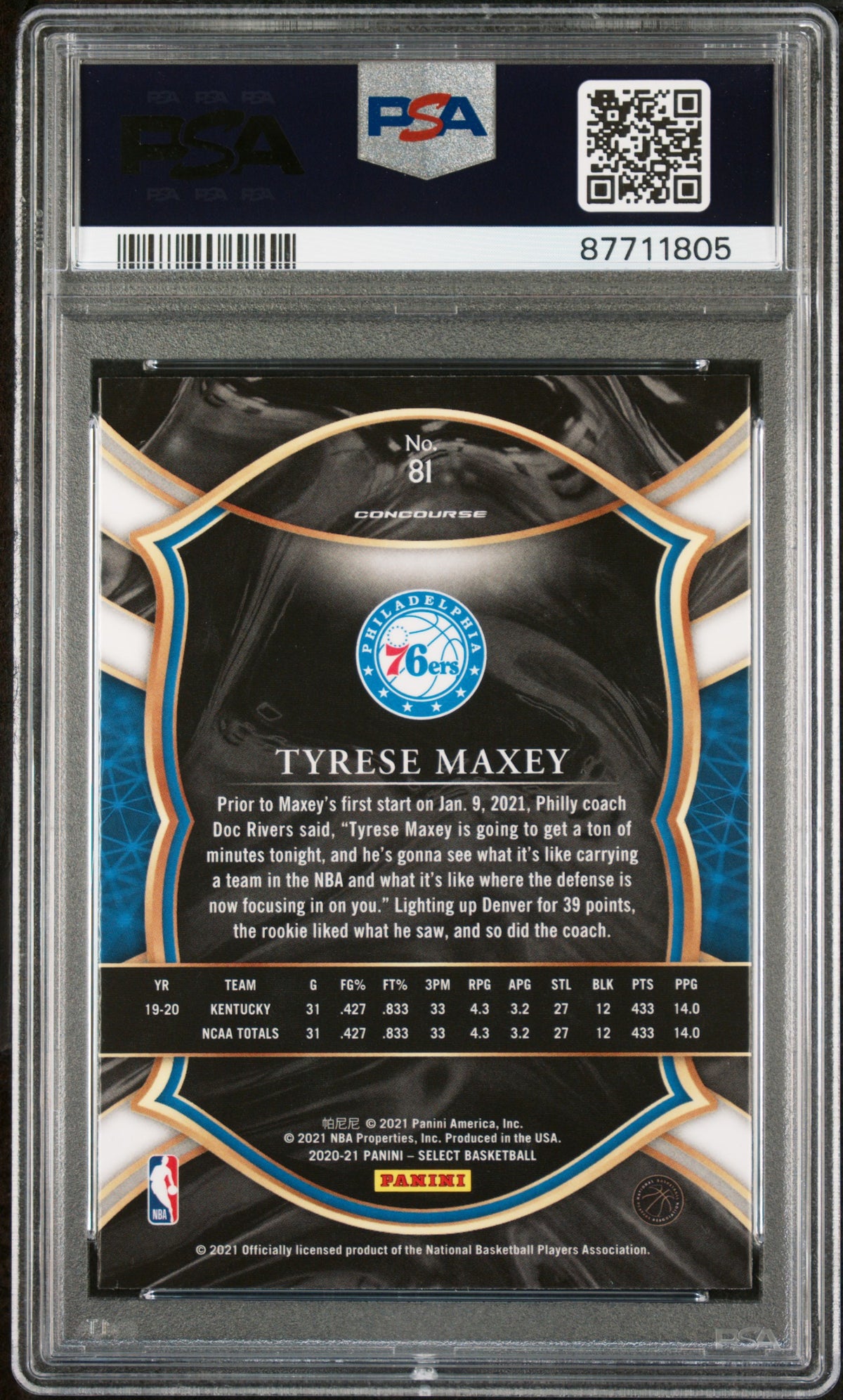 Tyrese Maxey 2020 Panini Select #81 PSA 10