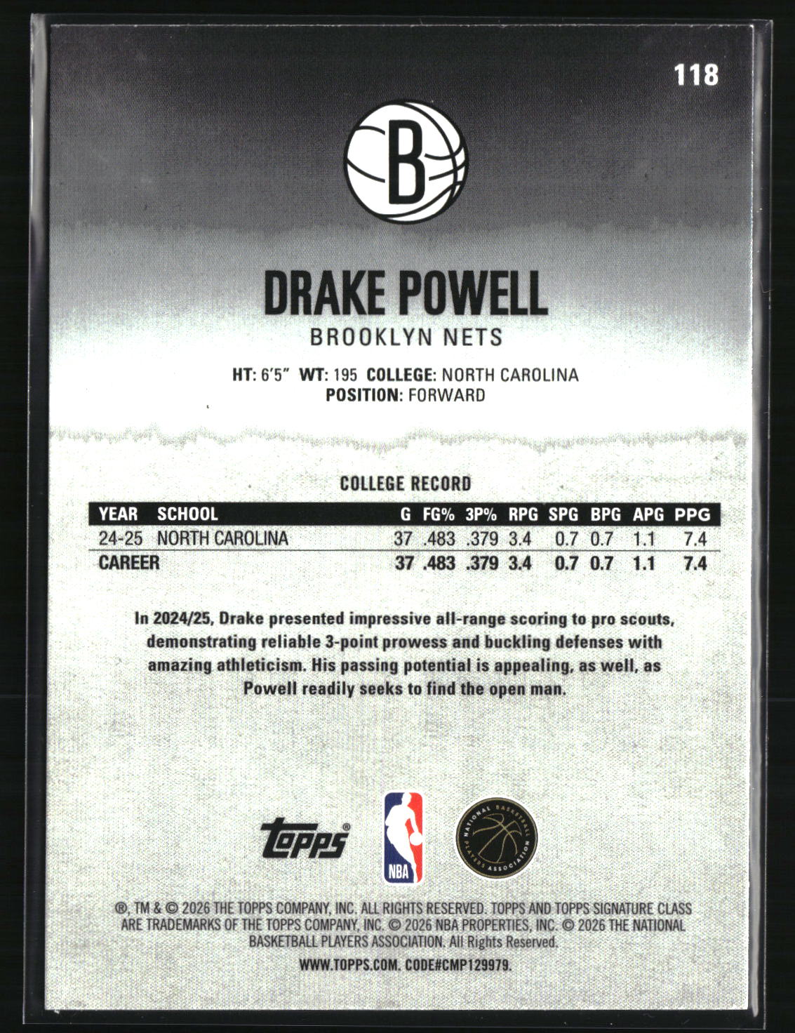 Drake Powell 2025-26 Topps Signature Class Blue & Orange #118