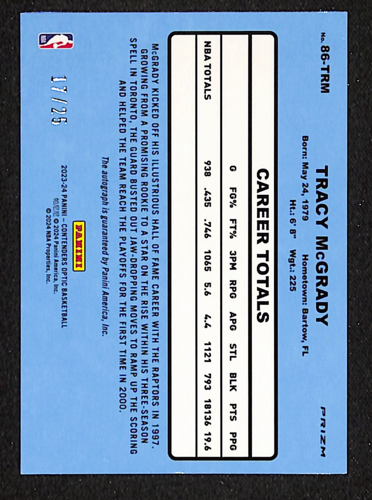 Tracy McGrady 2023-24 Contenders Optic 1986 Tribute Autographs Blue #86-TRM #/25