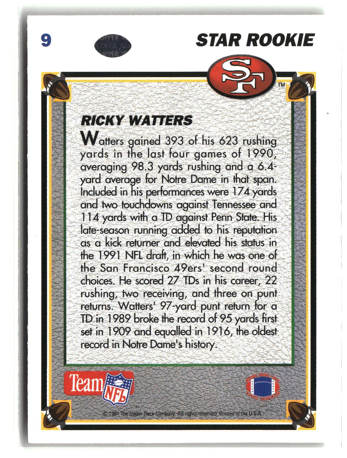 Ricky Watters 1991 Upper Deck #9