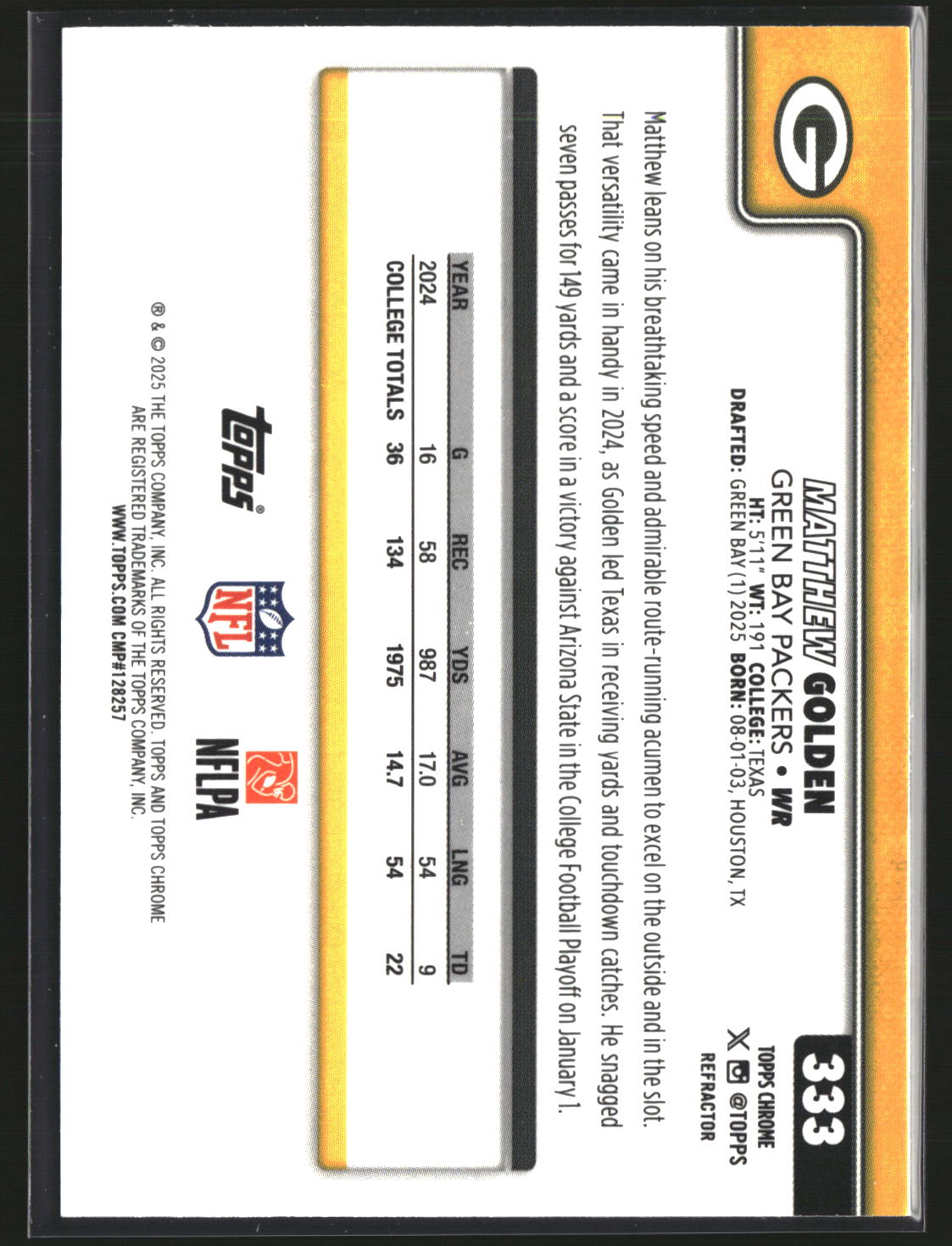 Matthew Golden 2025 Topps Chrome Football Refractor #333