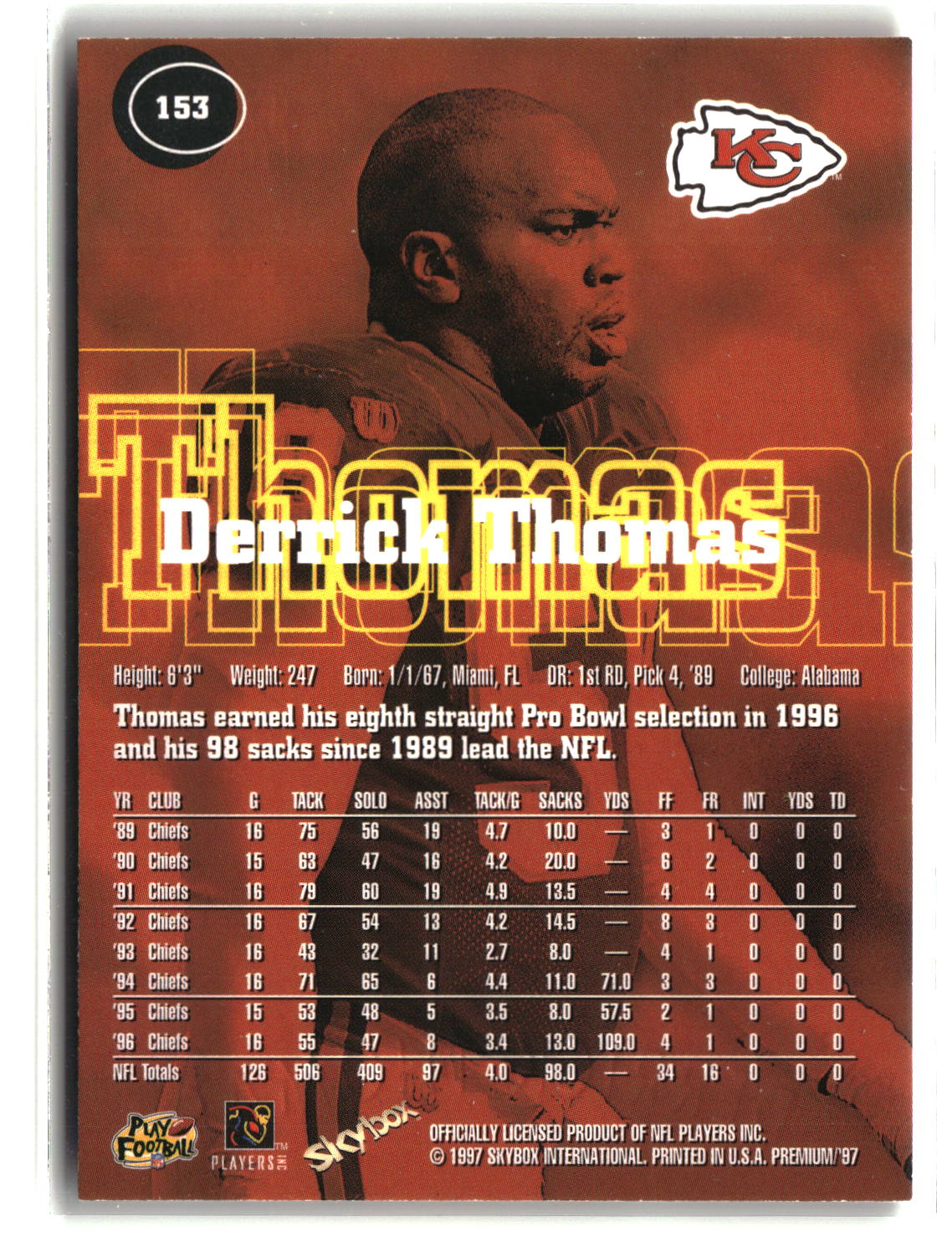 Derrick Thomas 1997 SkyBox Premium #153