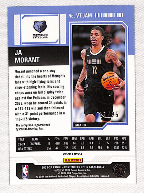 Ja Morant 2023-24 Panini Contenders Optic Veteran Ticket Blue #VT-JAM #/25