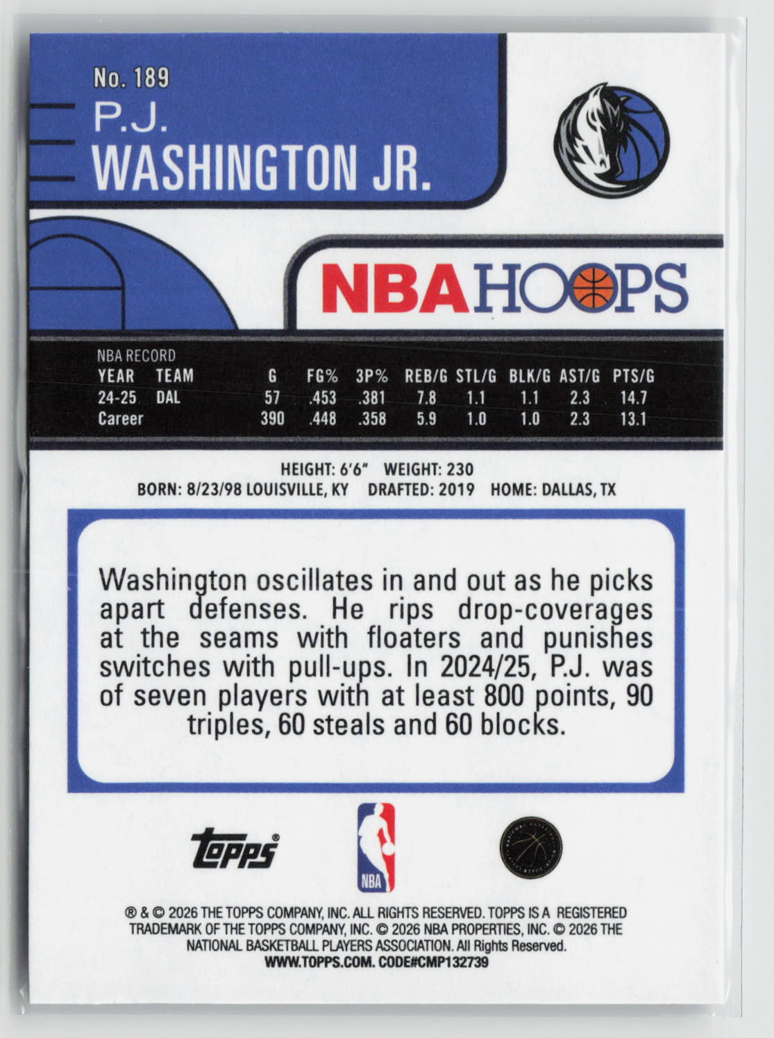 P.J. Washington Jr. 2025-26 Hoops Rainbow #189