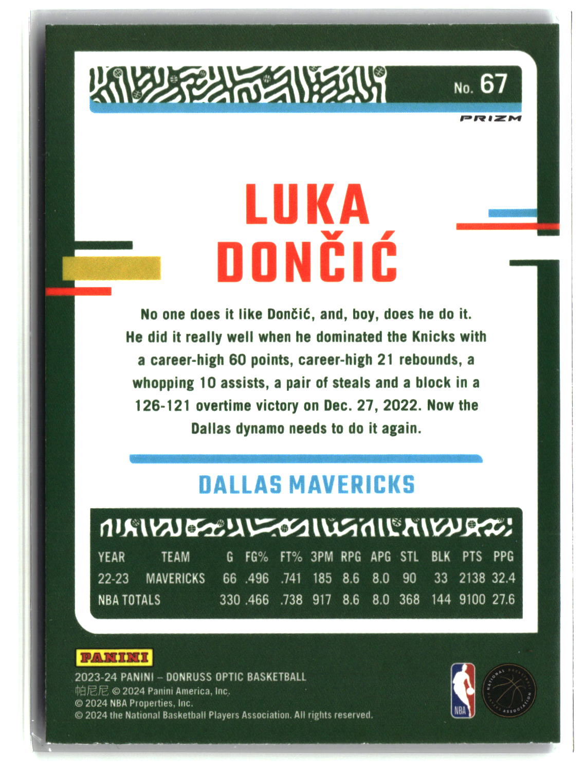 Luka Doncic 2023-24 Donruss Optic Purple Shock #67