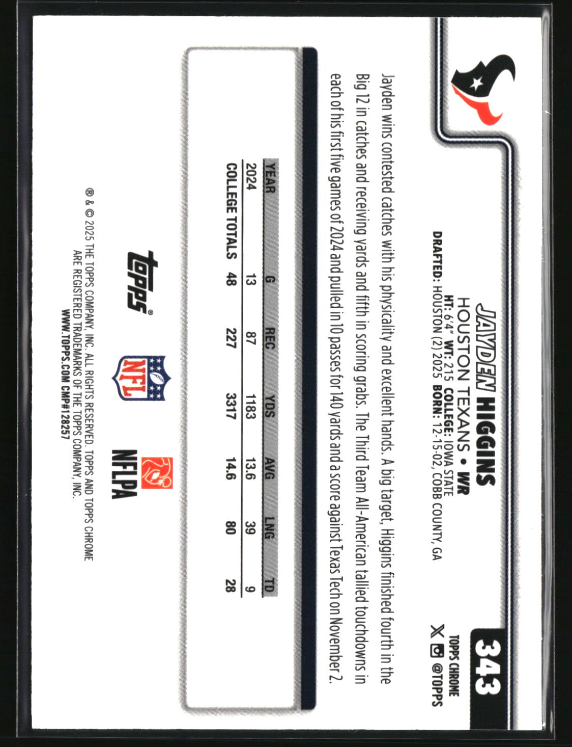 Jayden Higgins 2025 Topps Chrome #343