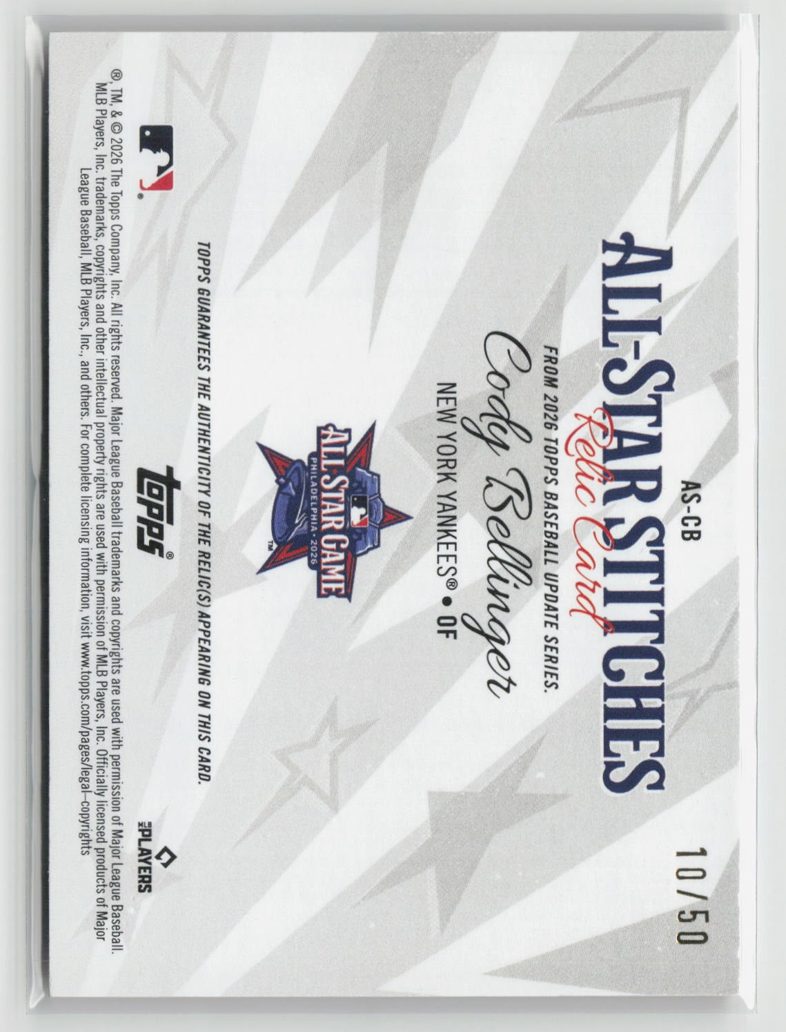 Cody Bellinger 2026 Topps Update All-Star Stitches Gold #AS-CB 10/50
