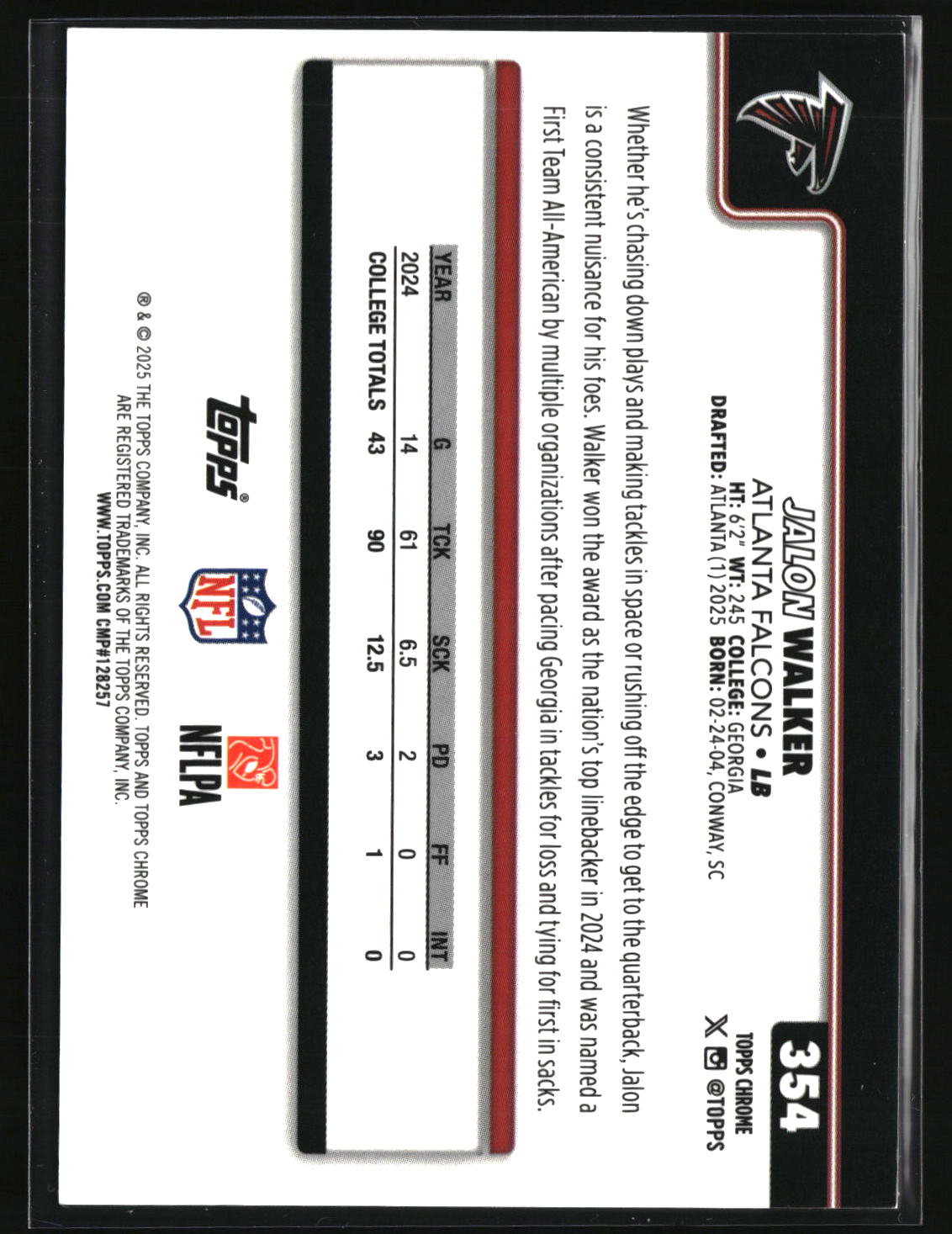 Jalon Walker 2025 Topps Chrome Football Leather Gold /50 #354