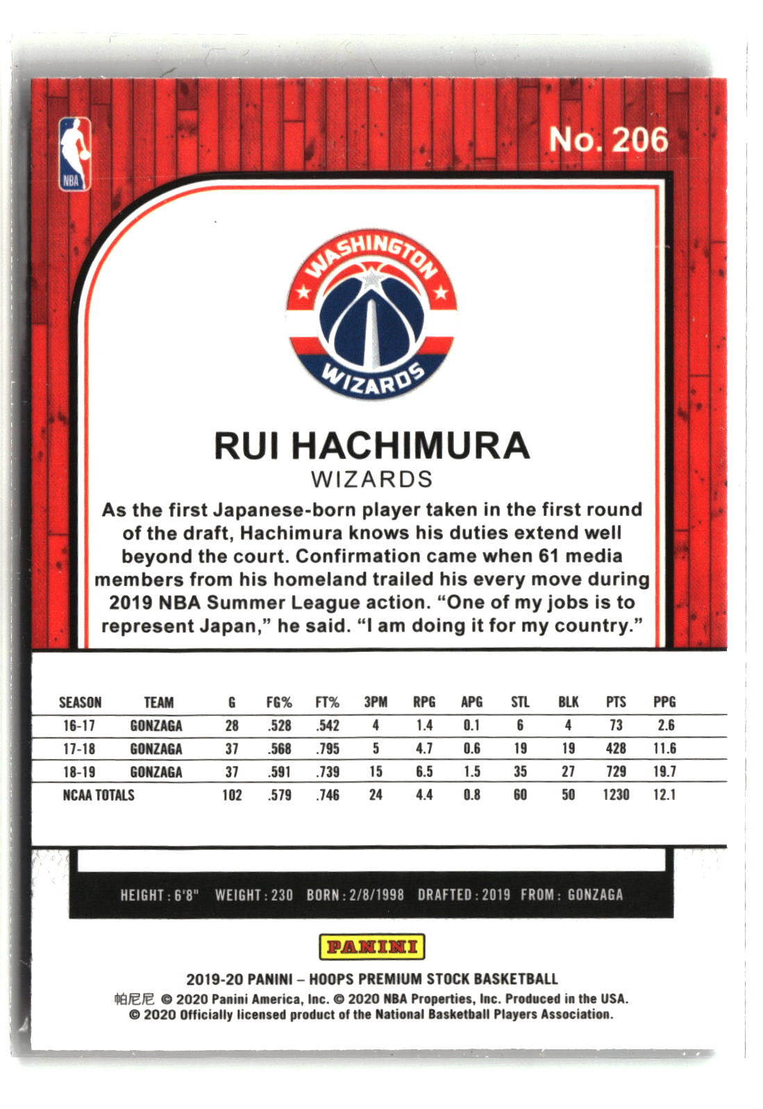Rui Hachimura 2019-20 Hoops Premium Stock #206