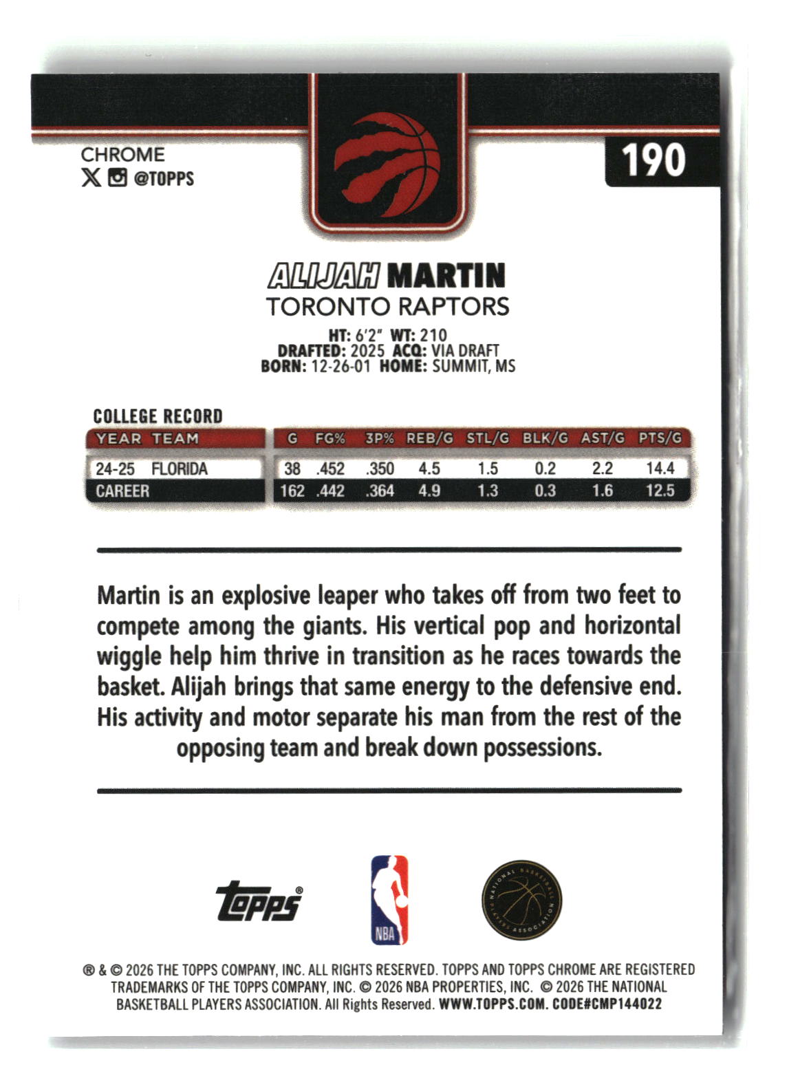Alijah Martin 2025-26 Topps Chrome Update #190