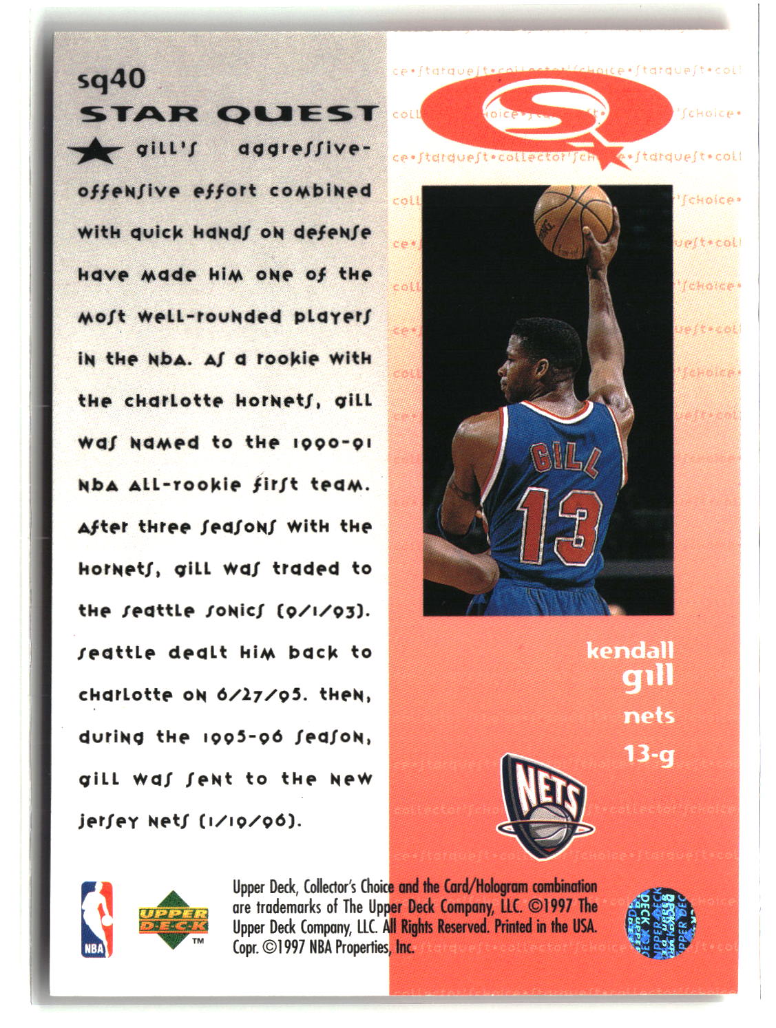 Kendall Gill 1997-98 Collector's Choice StarQuest #SQ40