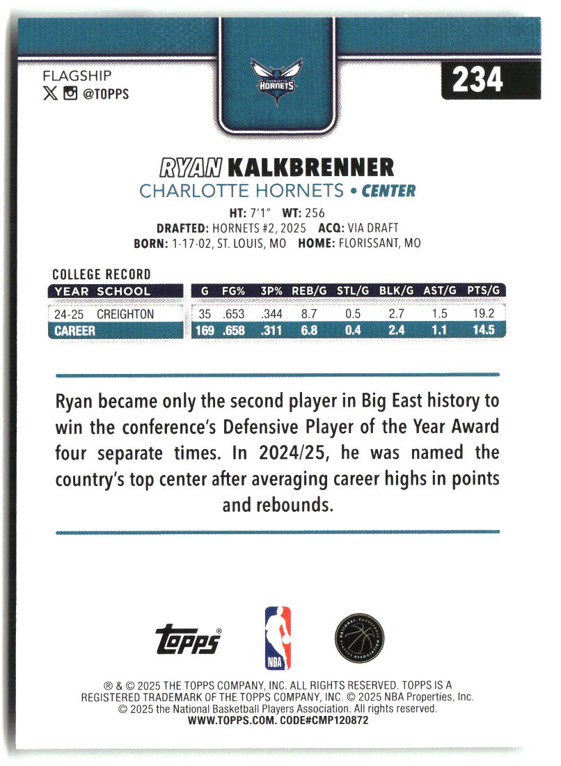 Ryan Kalkbrenner 2025-26 Topps #234