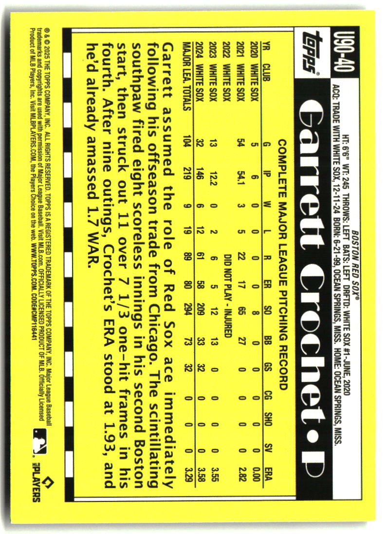 Garrett Crochet 2025 Topps Update 1990 Topps Baseball 35th Anniversary #U90-40