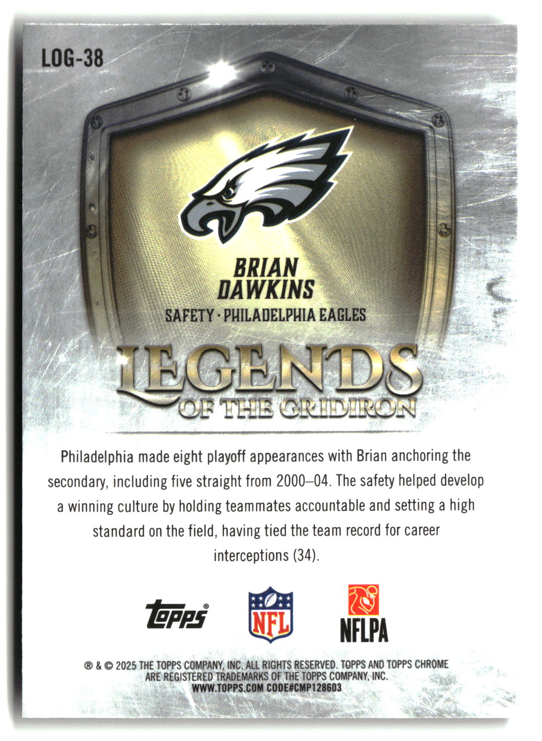 Brian Dawkins 2025 Topps Chrome Legends of the Gridiron #LOG-38