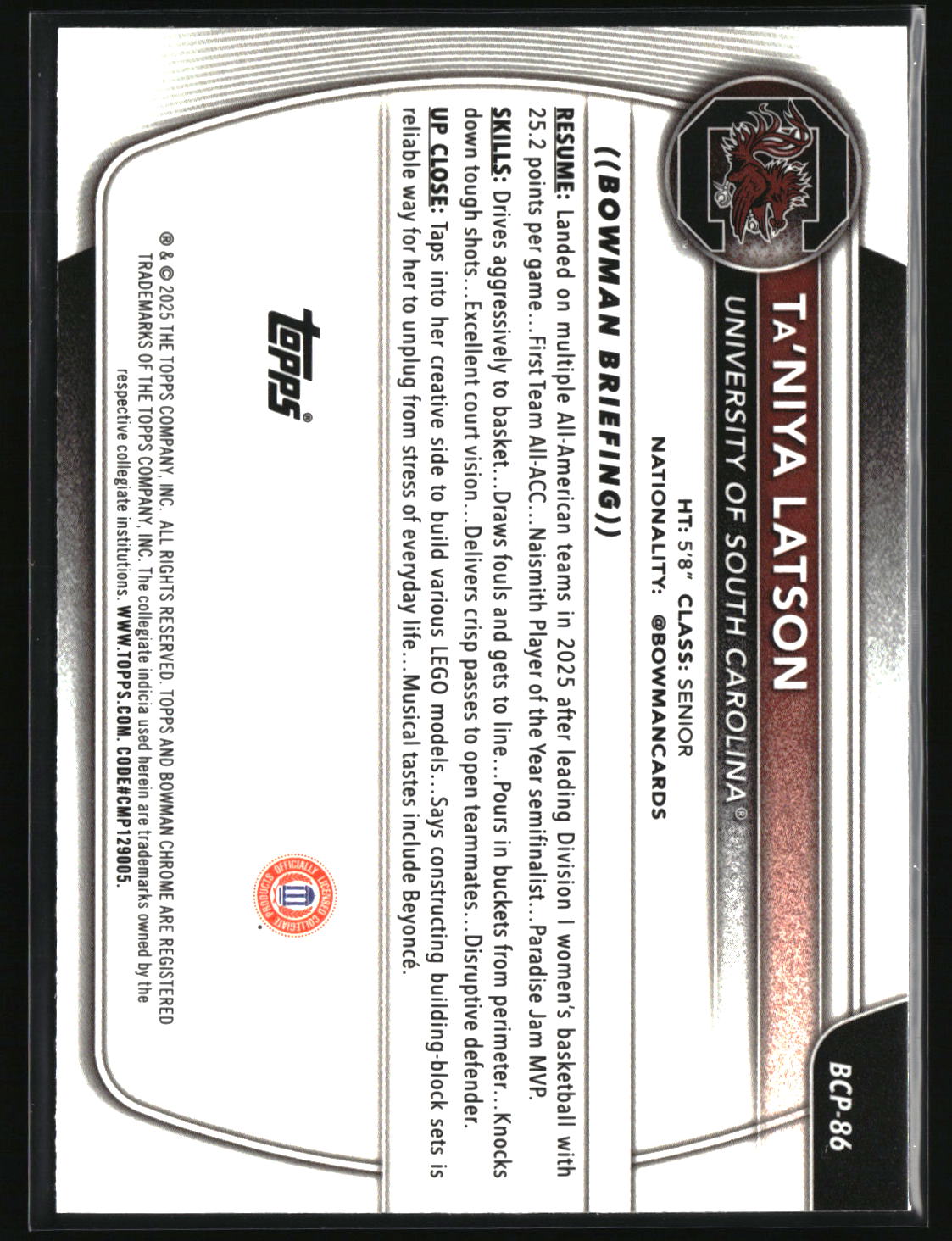 Ta'Niya Latson 2025-26 Bowman Chrome Prospects Reptilian Refractor #BCP-86