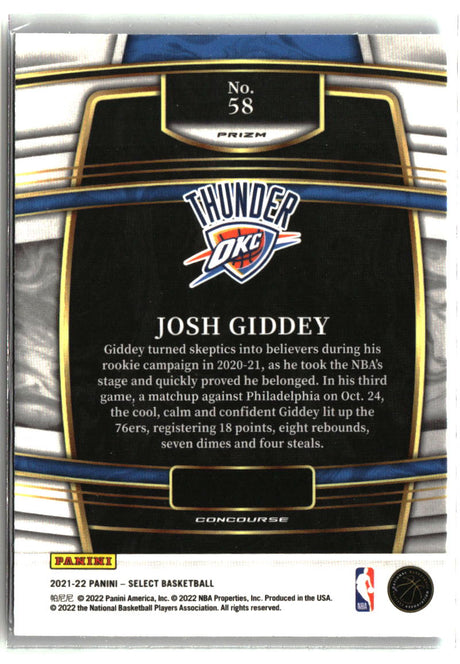Josh Giddey 2021-22 Panini Select Blue Shimmer Prizms #58