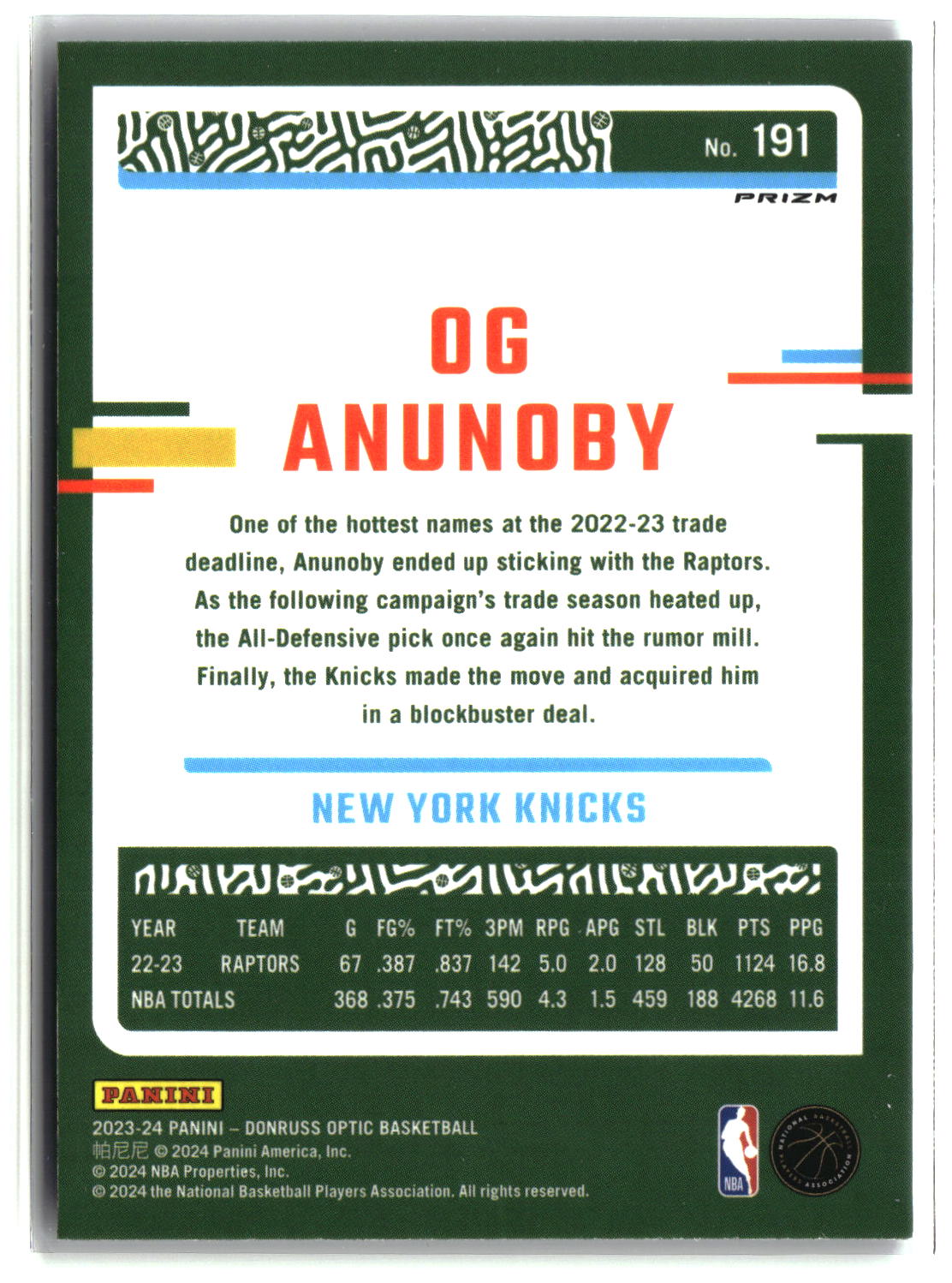OG Anunoby 2023-24 Donruss Optic Purple Shock #191