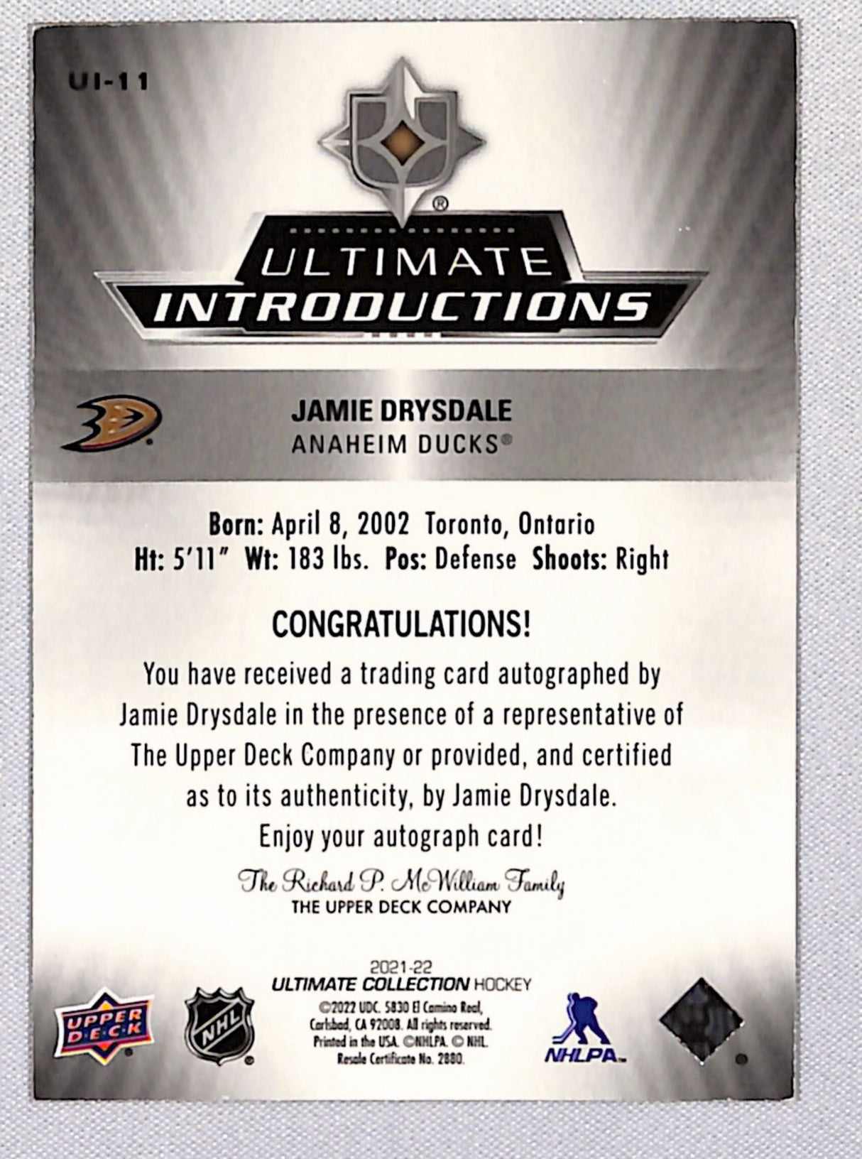 Jamie Drysdale 2021-22 UD Ultimate Collection Introductions Auto Gold #UI-11 /50