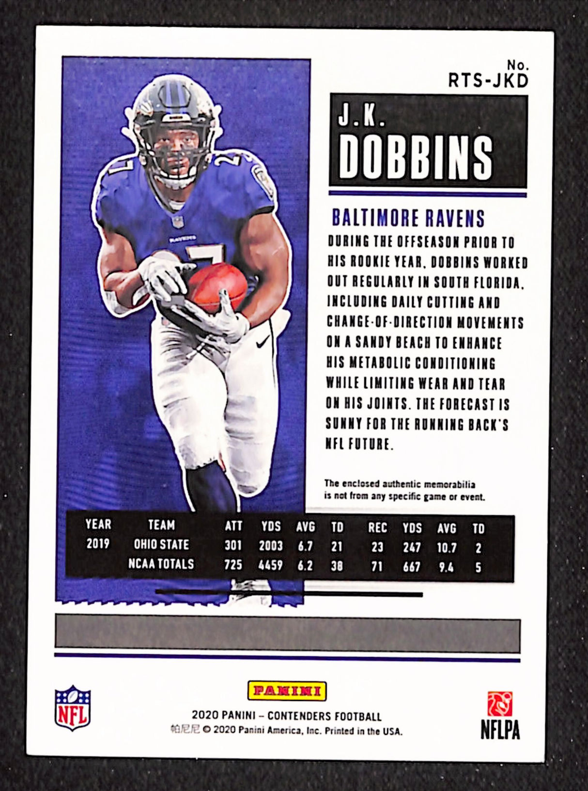 J.K. Dobbins 2020 Panini Contenders Rookie Ticket Swatches #RTS-JKD