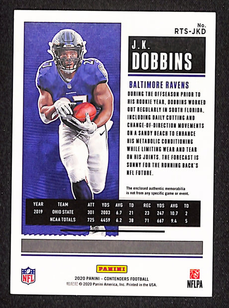 J.K. Dobbins 2020 Panini Contenders Rookie Ticket Swatches #RTS-JKD