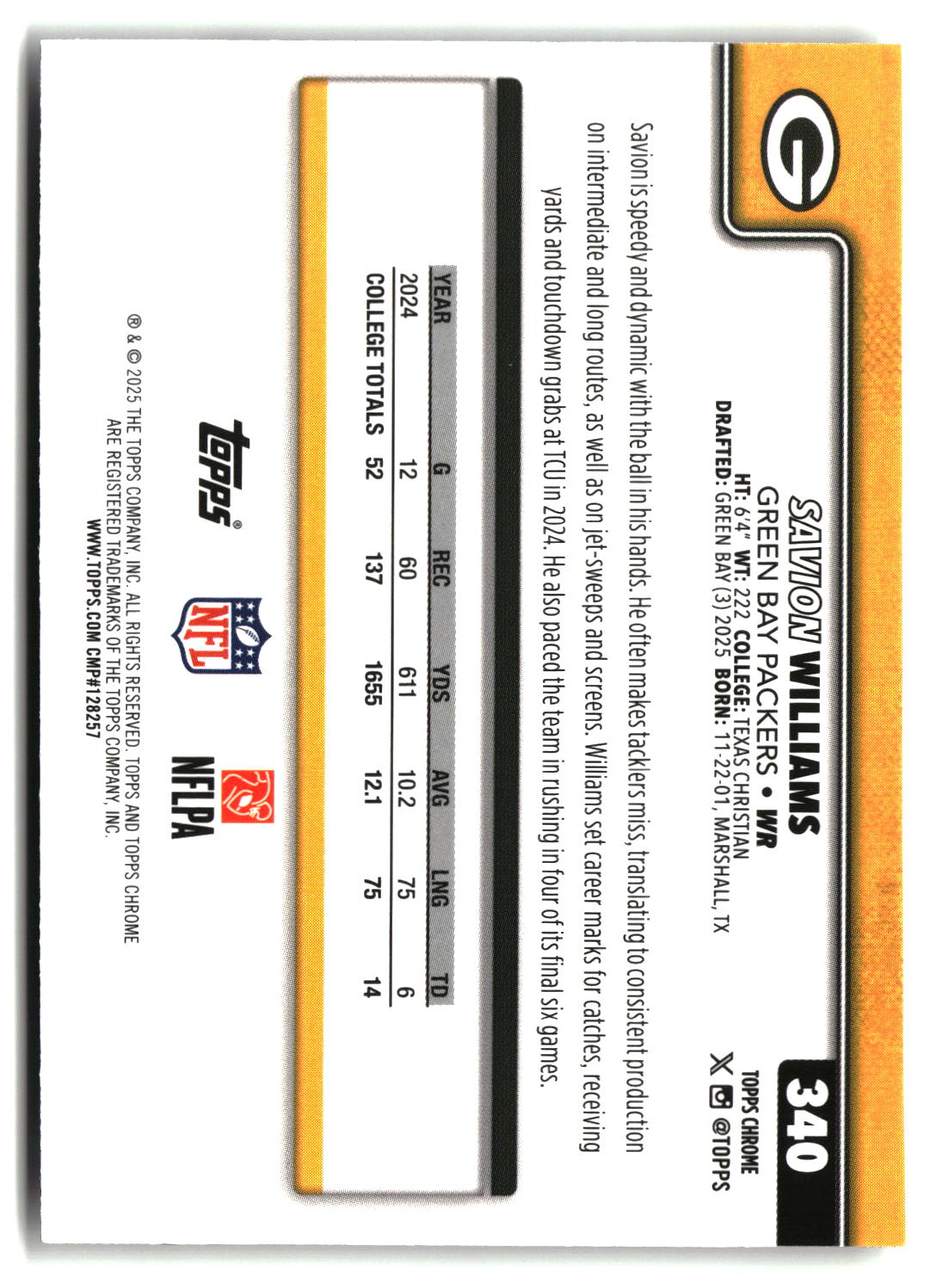 Savion Williams 2025 Topps Chrome #340