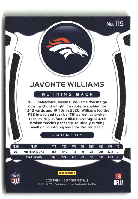 Javonte Williams 2021 Panini Certified Mirror Orange #115 #/149