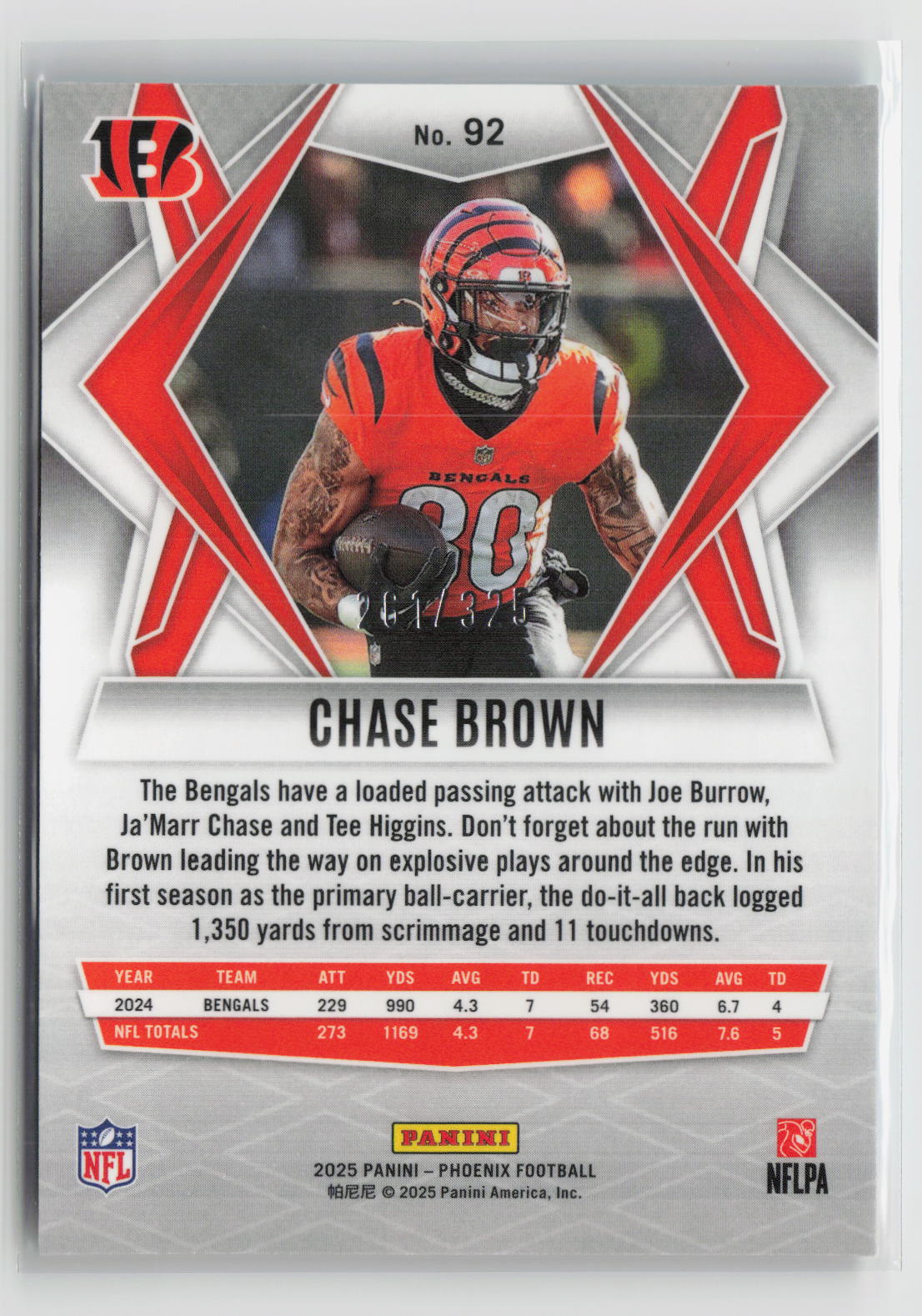 Chase Brown 2025 Panini Phoenix Light Blue Lava Prizm #92 #/325