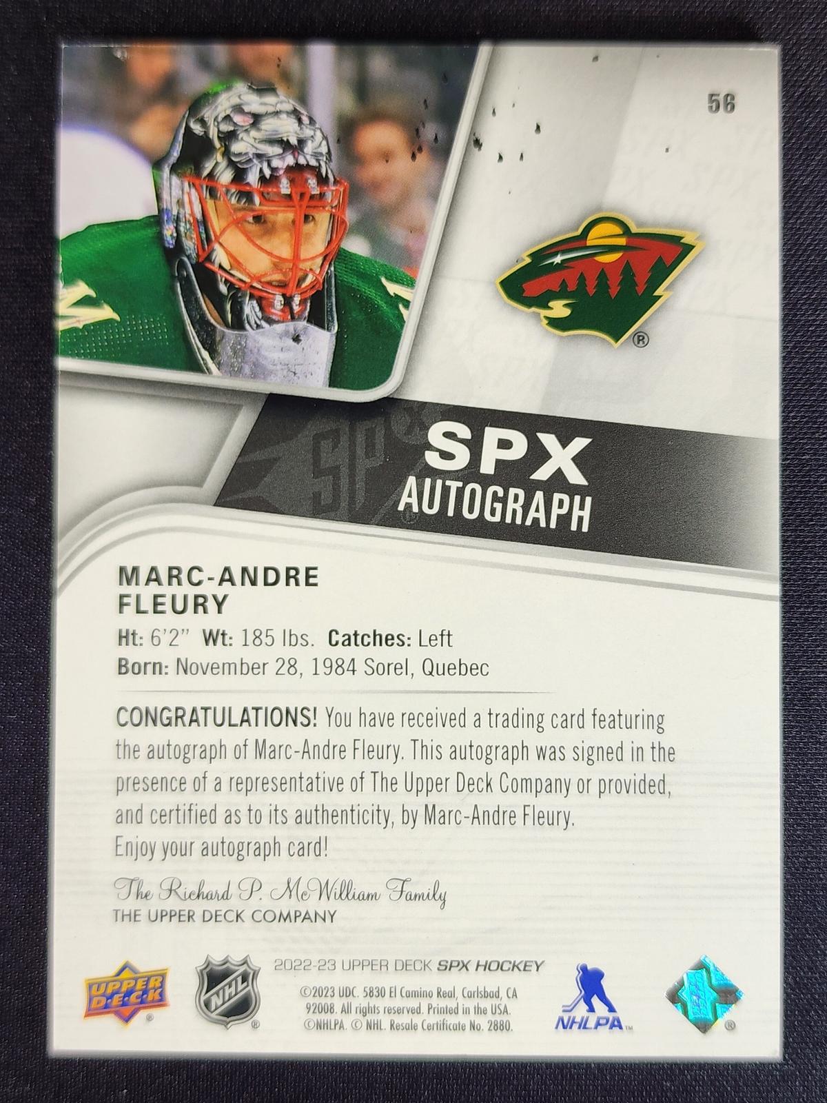 Marc-Andre Fleury 2022-23 SPx Autographs #56