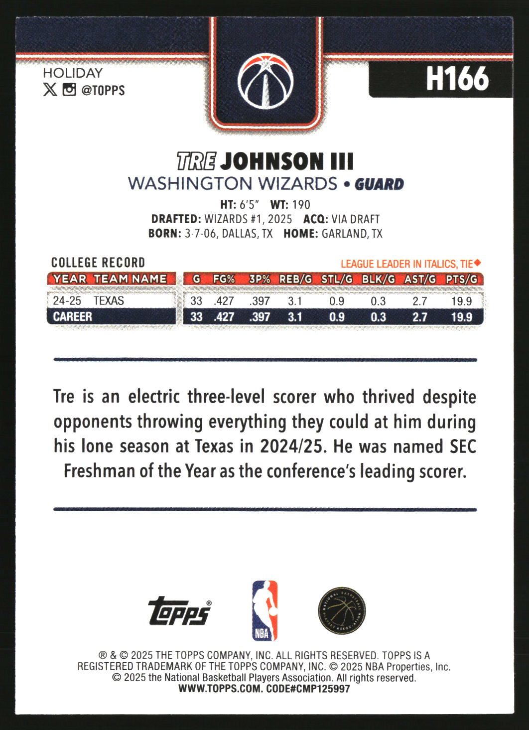 Tre Johnson III 2025-26 Topps Holiday #H166