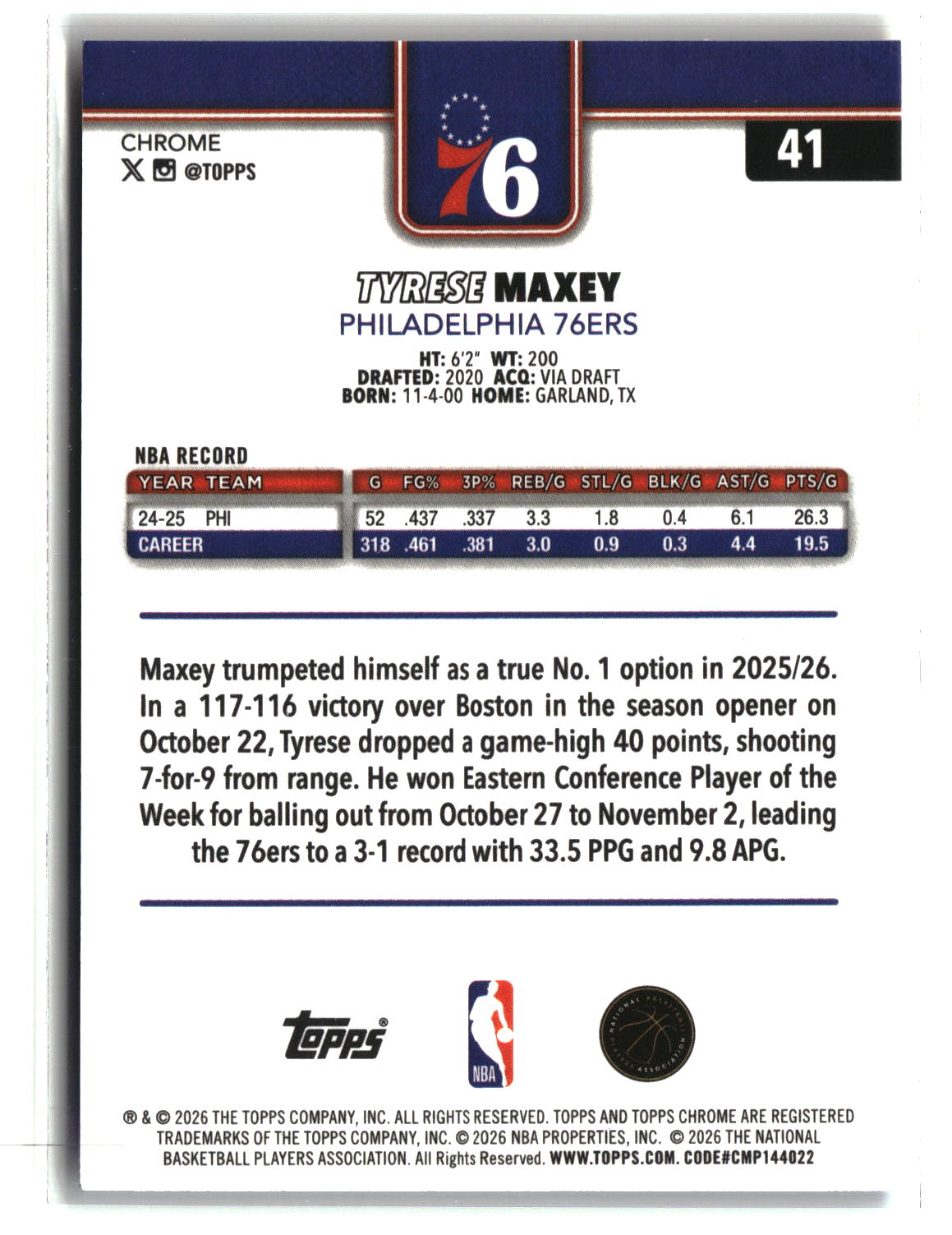 Tyrese Maxey 2025-26 Topps Chrome Update Red White and Blue Refractor #41