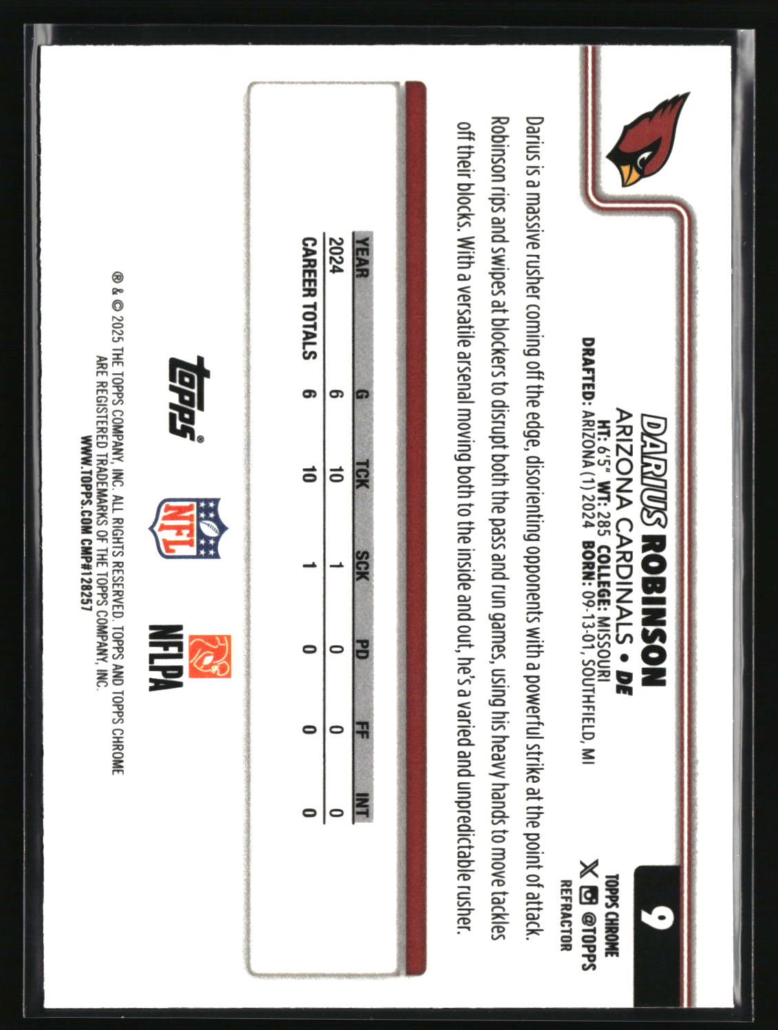 Darius Robinson 2025 Topps Chrome - Topps Refractor #9