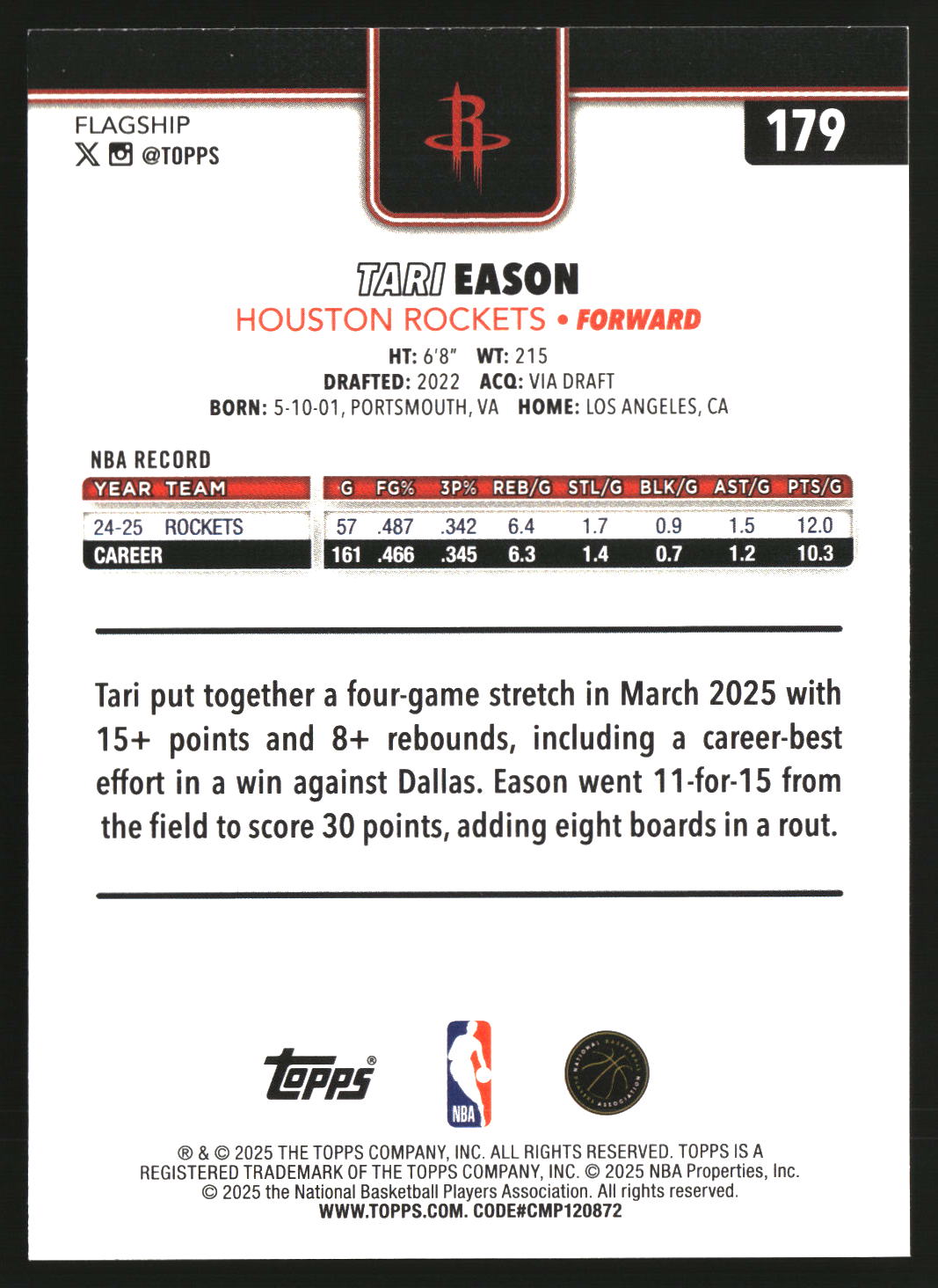 Tari Eason 2025-26 Topps Sandglitter #179