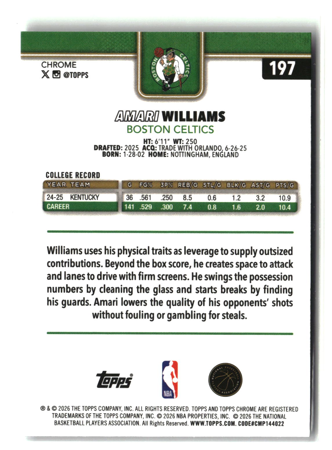 Amari Williams 2025-26 Topps Chrome Update #197